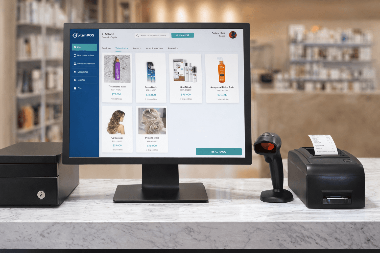 OptimPOS en un monitor junto a caja registradora, lector de códigos e impresora térmica